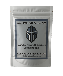 Foil packet containing Vanguard Labs Anadrol 50 capsules, silver blister-style packaging with labelled compartments
