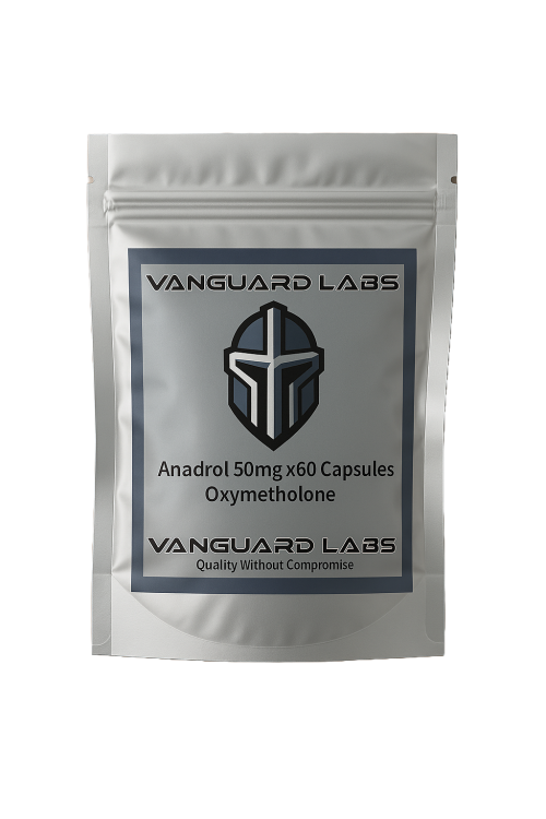 Foil packet containing Vanguard Labs Anadrol 50 capsules, silver blister-style packaging with labelled compartments