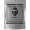 Foil packet containing Vanguard Labs Anadrol 25 capsules, silver blister-style packaging with labelled compartments
