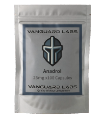 Foil packet containing Vanguard Labs Anadrol 25 capsules, silver blister-style packaging with labelled compartments
