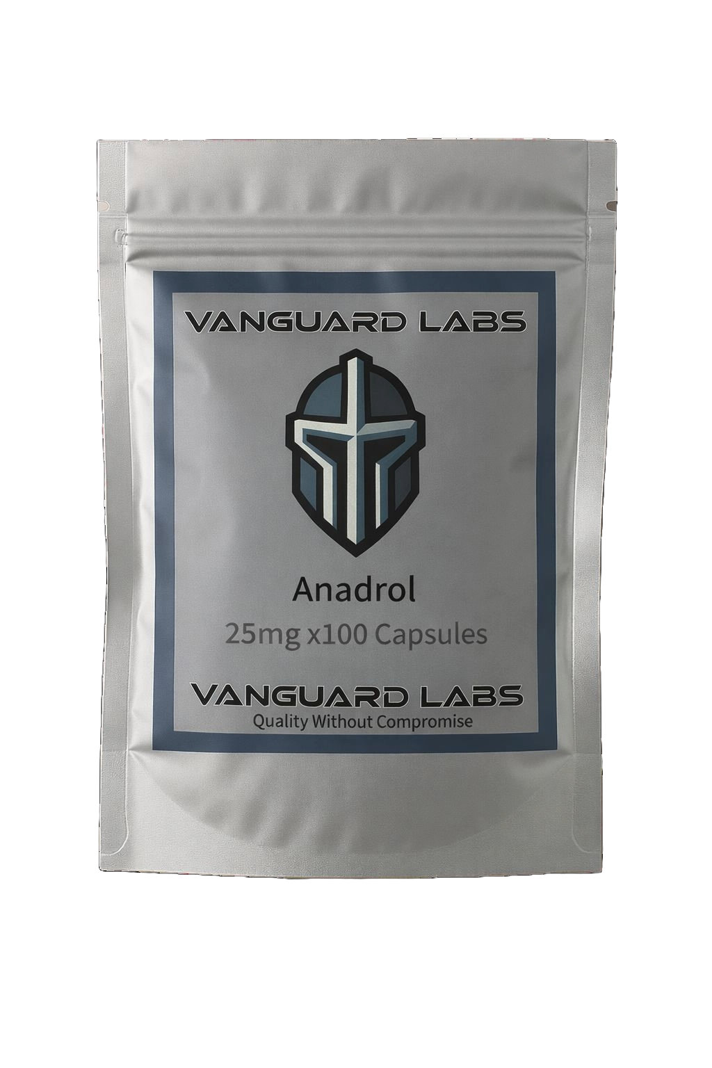 Foil packet containing Vanguard Labs Anadrol 25 capsules, silver blister-style packaging with labelled compartments