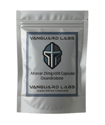 Foil packet containing Vanguard Labs Anavar capsules, silver blister-style packaging with labelled compartments.