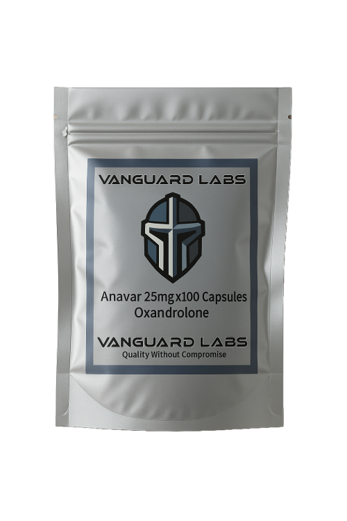 Foil packet containing Vanguard Labs Anavar capsules, silver blister-style packaging with labelled compartments.