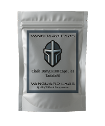 Foil packet containing Vanguard Labs Cialis capsules, silver blister-style packaging with labelled compartments.