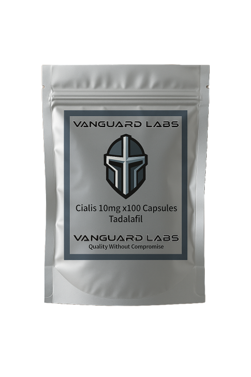 Foil packet containing Vanguard Labs Cialis capsules, silver blister-style packaging with labelled compartments.