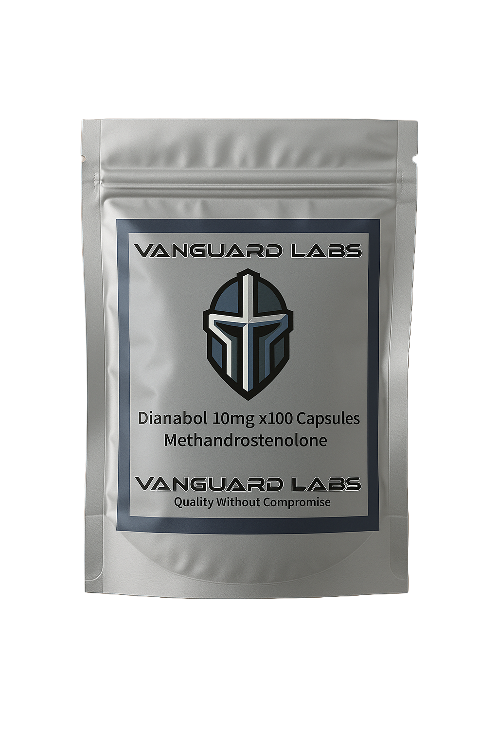 Foil packet containing Vanguard Labs Dianabol capsules, silver blister-style packaging with labelled compartments.