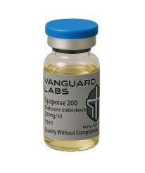 Clear glass vial containing injectable Equipoise 200 solution with sealed cap and label.