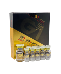 A Box containing clear glass vial containing injectable HGH solution with sealed cap and label.