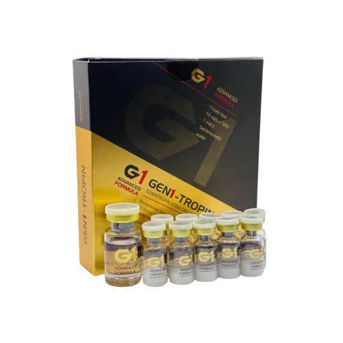 A Box containing clear glass vial containing injectable HGH solution with sealed cap and label.