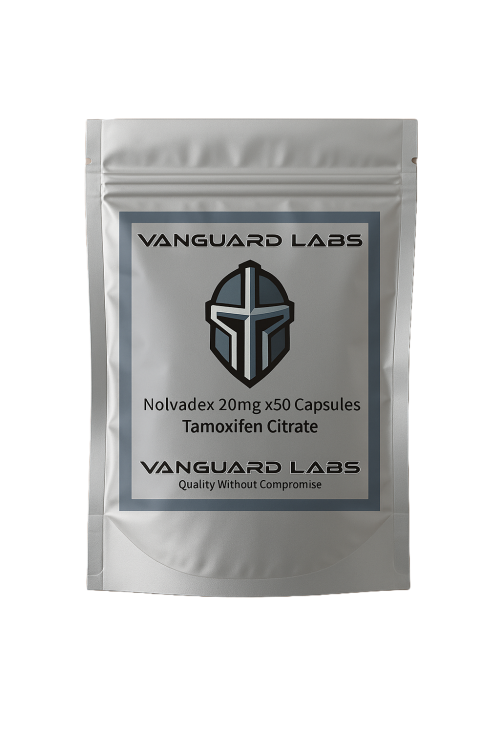 Foil packet containing Vanguard Labs Tamoxifen capsules, silver blister-style packaging with labelled compartments.