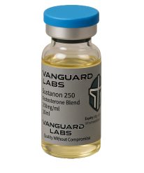 Clear glass vial containing injectable Sustanon 250 solution with sealed cap and label.