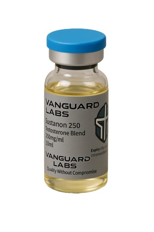 Clear glass vial containing injectable Sustanon 250 solution with sealed cap and label.
