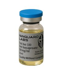 Clear glass vial containing injectable Test Iso 100mg solution with sealed cap and label
