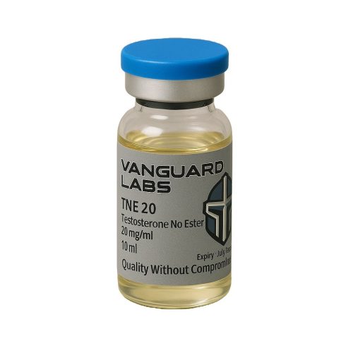 Clear glass vial containing injectable Test No Ester 20mg solution with sealed cap and label.