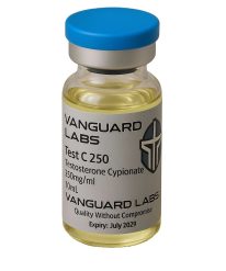 Clear glass vial containing injectable Cypionate 250solution with sealed cap and label.