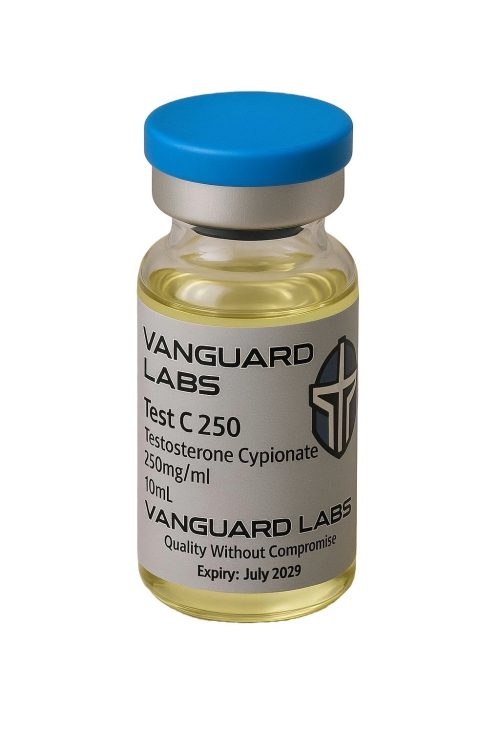 Clear glass vial containing injectable Cypionate 250solution with sealed cap and label.
