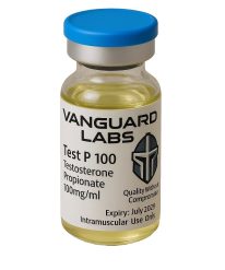 Clear glass vial containing injectable Test Prop 100mg solution with sealed cap and label.