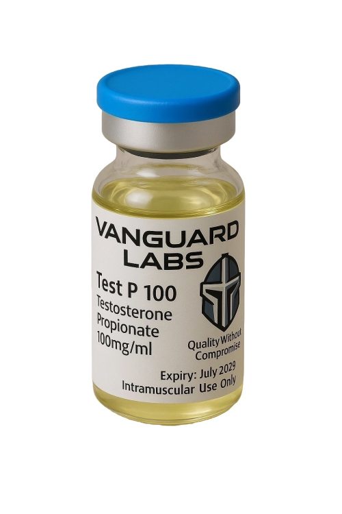 Clear glass vial containing injectable Test Prop 100mg solution with sealed cap and label.