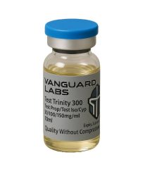 Clear glass vial containing injectable Test Trinity 300mg solution with sealed cap and label.