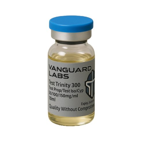 Clear glass vial containing injectable Test Trinity 300mg solution with sealed cap and label.