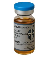 Clear glass vial containing injectable Tren Acetate 100mg solution with sealed cap and label.