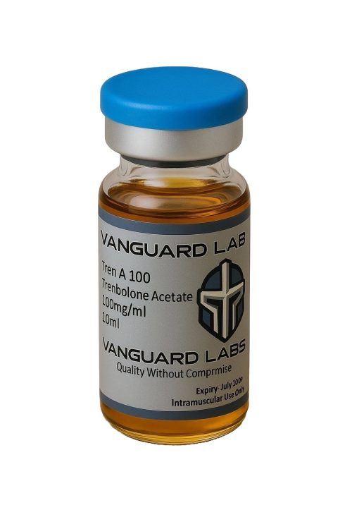 Clear glass vial containing injectable Tren Acetate 100mg solution with sealed cap and label.