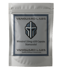 Foil packet containing Vanguard Anavar capsules, silver blister-style packaging with labeled compartments.