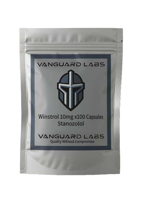 Foil packet containing Vanguard Anavar capsules, silver blister-style packaging with labeled compartments.