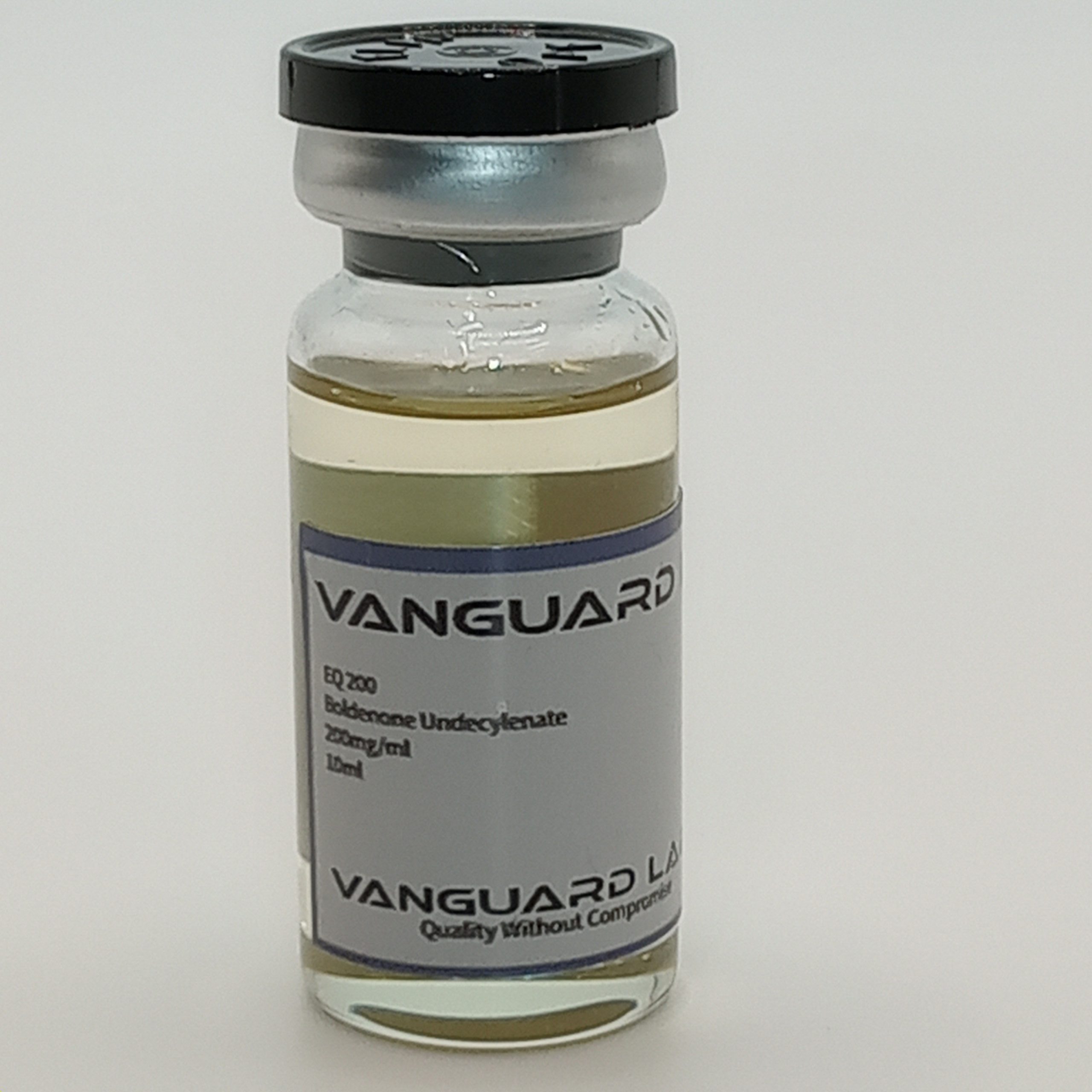 Clear glass vial containing injectable Equipoise 200 solution with sealed cap and label.