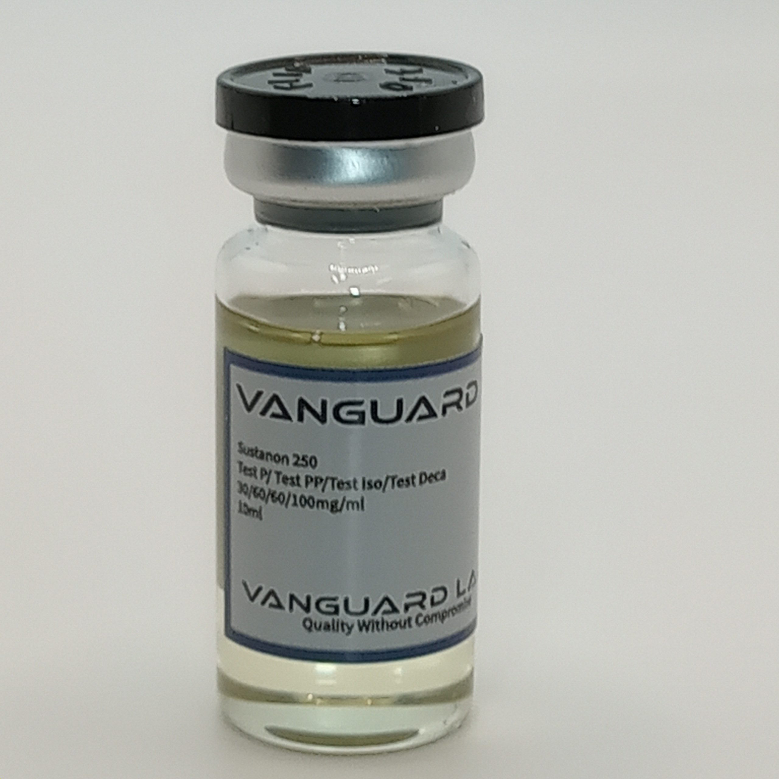 Clear glass vial containing injectable Sustanon 250 solution with sealed cap and label.