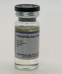 Clear glass vial containing injectable Test Iso 100mg solution with sealed cap and label