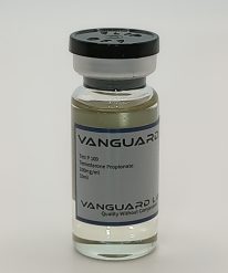 Clear glass vial containing injectable Test Prop 100mg solution with sealed cap and label.