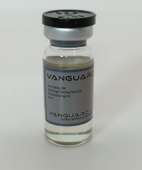 Clear glass vial containing injectable Test Trinity 300mg solution with sealed cap and label.