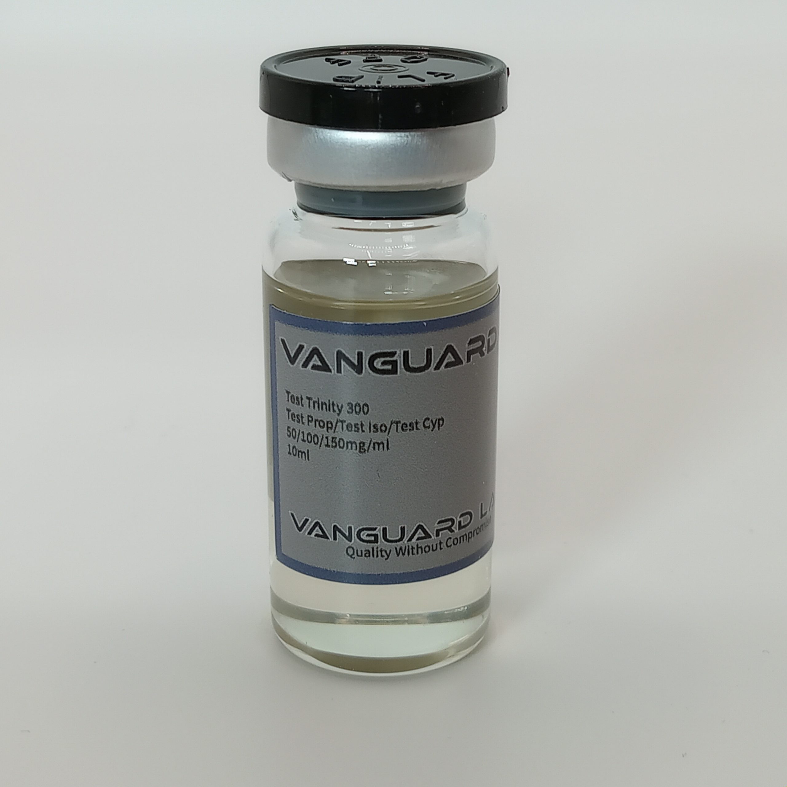 Clear glass vial containing injectable Test Trinity 300mg solution with sealed cap and label.