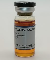 Clear glass vial containing injectable Tren Acetate 100mg solution with sealed cap and label.