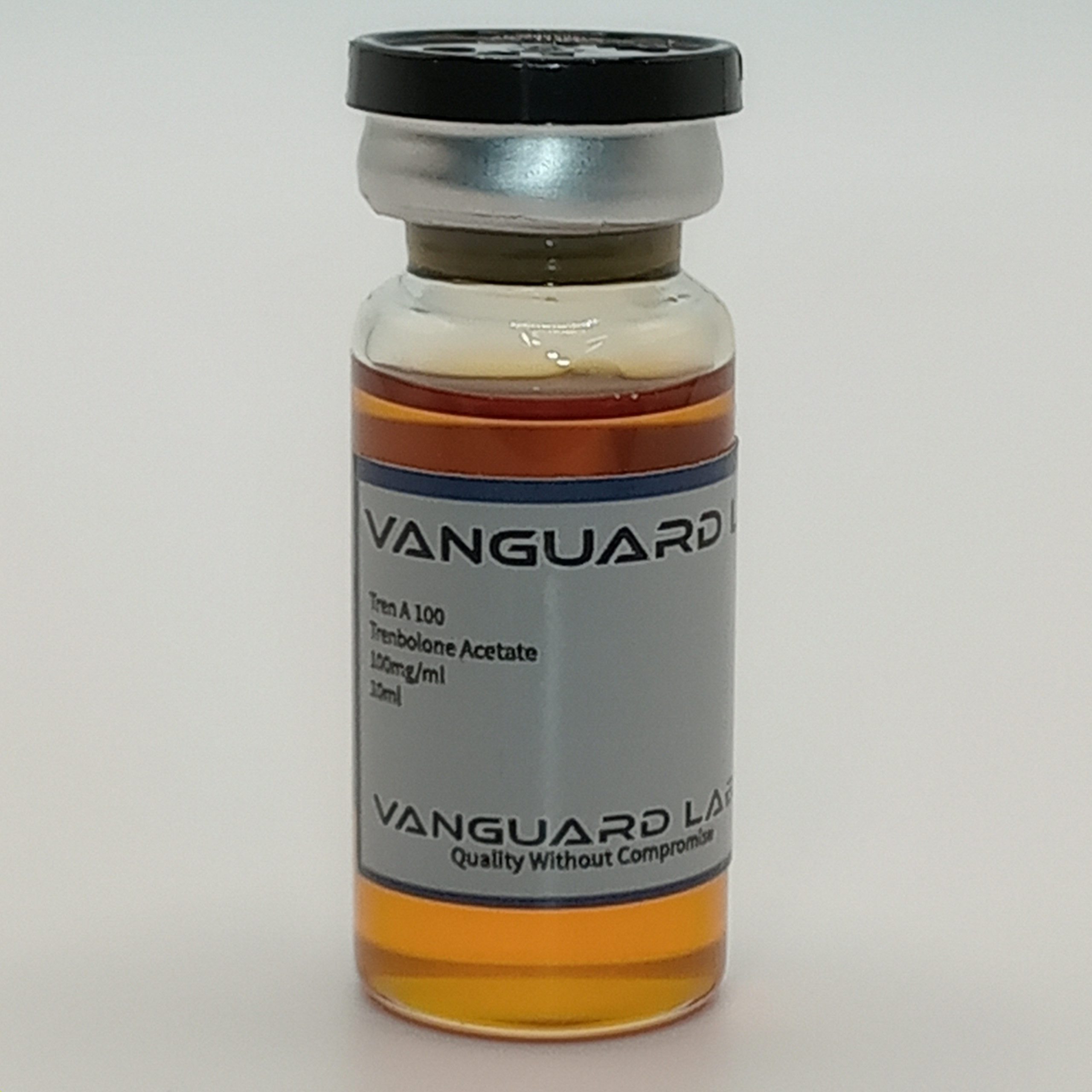 Clear glass vial containing injectable Tren Acetate 100mg solution with sealed cap and label.