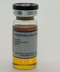 Clear glass vial containing injectable Tren Enanthate 200 solution with sealed cap and label.